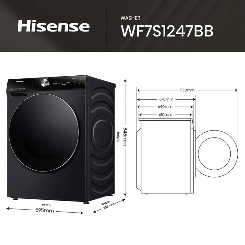 Hisense WF7S1247BB Auto Dosing 12kg 1400 Spin Washing Machine - Black *£100 Cashback*