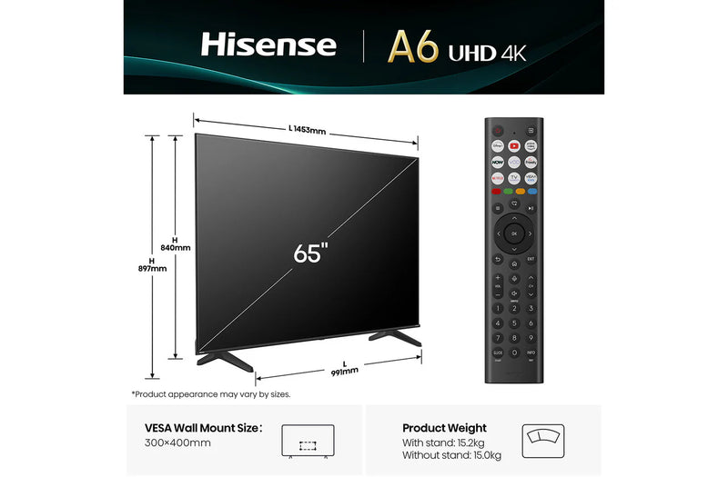 HISENSE 65A6QTUK 65" LED 4K HDR Smart TV with Freely*contact store for price*