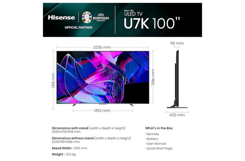 HISENSE 100U7KQTUK 100" Smart 4K Ultra HD HDR Mini-LED TV with Amazon Alexa