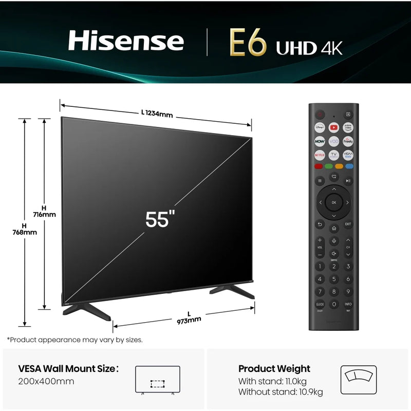 Hisense 55E6QTUK 55'' 4K UHD HDR LED TV with Freely*contact store for price*