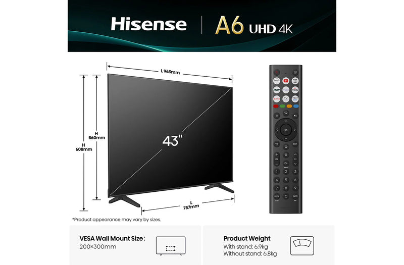 HISENSE 43A6QTUK 43" LED 4K HDR Smart TV with Freely*contact store for price*