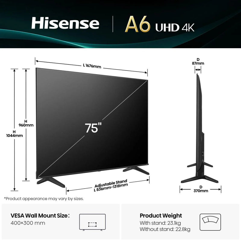 HISENSE 75A6QTUK 75" LED 4K HDR Smart TV with Freely*contact store for price*