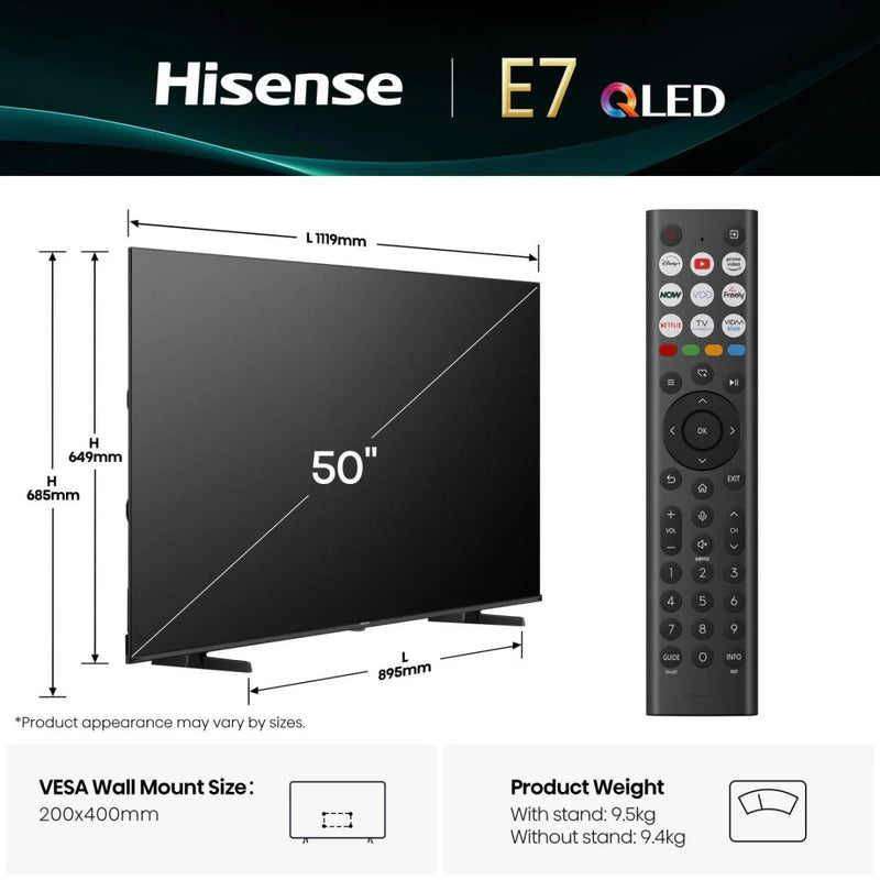 Hisense 50E7QTUK 50'' 2025 QLED HDR UHD 4K Smart TV*contact store for price