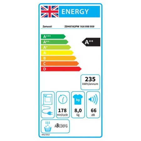 Zanussi ZDH87A2PW 8kg Heat Pump Tumble Dryer - White